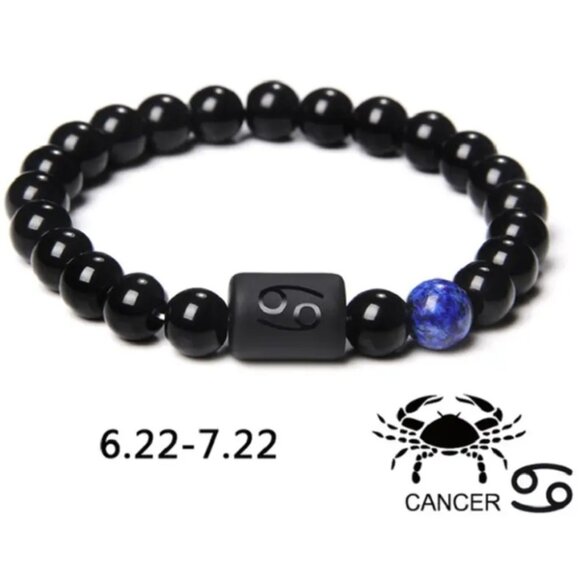 Cancer Zodiac Signs Charm Bracelet Natural 8mm Black Onyx Stone Beads - Picture 1 of 1